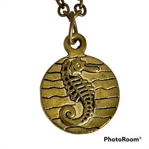 Seahorse Pendant Necklace Gold Brass Tone 24" Chain Sea Life Island Nautical